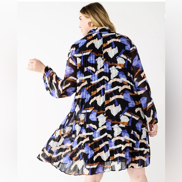 Nine West Black, Blue, White & Brown Abstract Pleated Dress - Picture 2 of 3